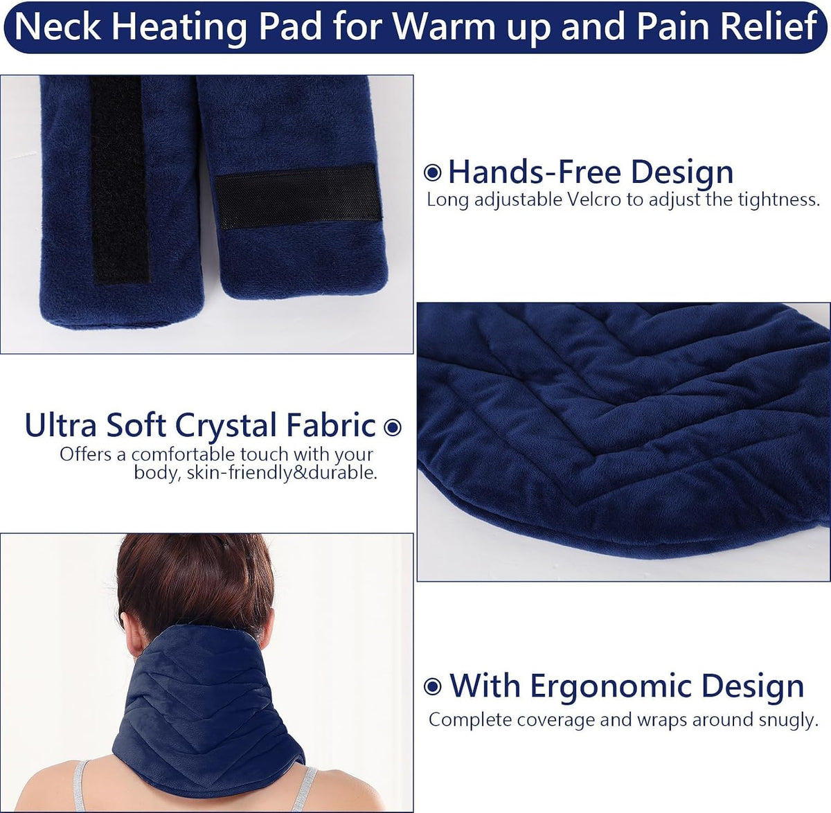 JOBYNA Heating Pad for Neck, Hands-Free Electric Heated Neck Wrap for Pain Relief, 29"×8'' Neck Heat Pad with 8.53ft Power Cord, Auto Shut Off,Size/Temperature/Time Adjustable（Navy）
