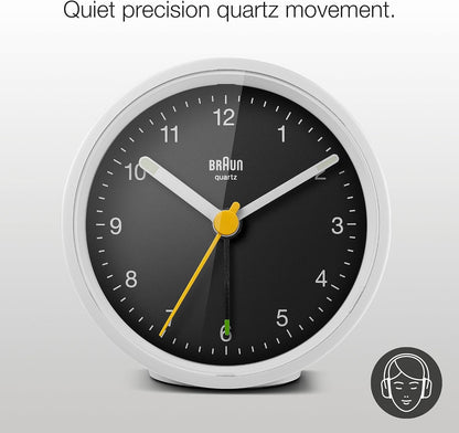 Braun Classic Analogue Alarm Clock with Snooze and Light, Quiet Quartz Movement, Crescendo Beep Alarm in White, Model BC12W.