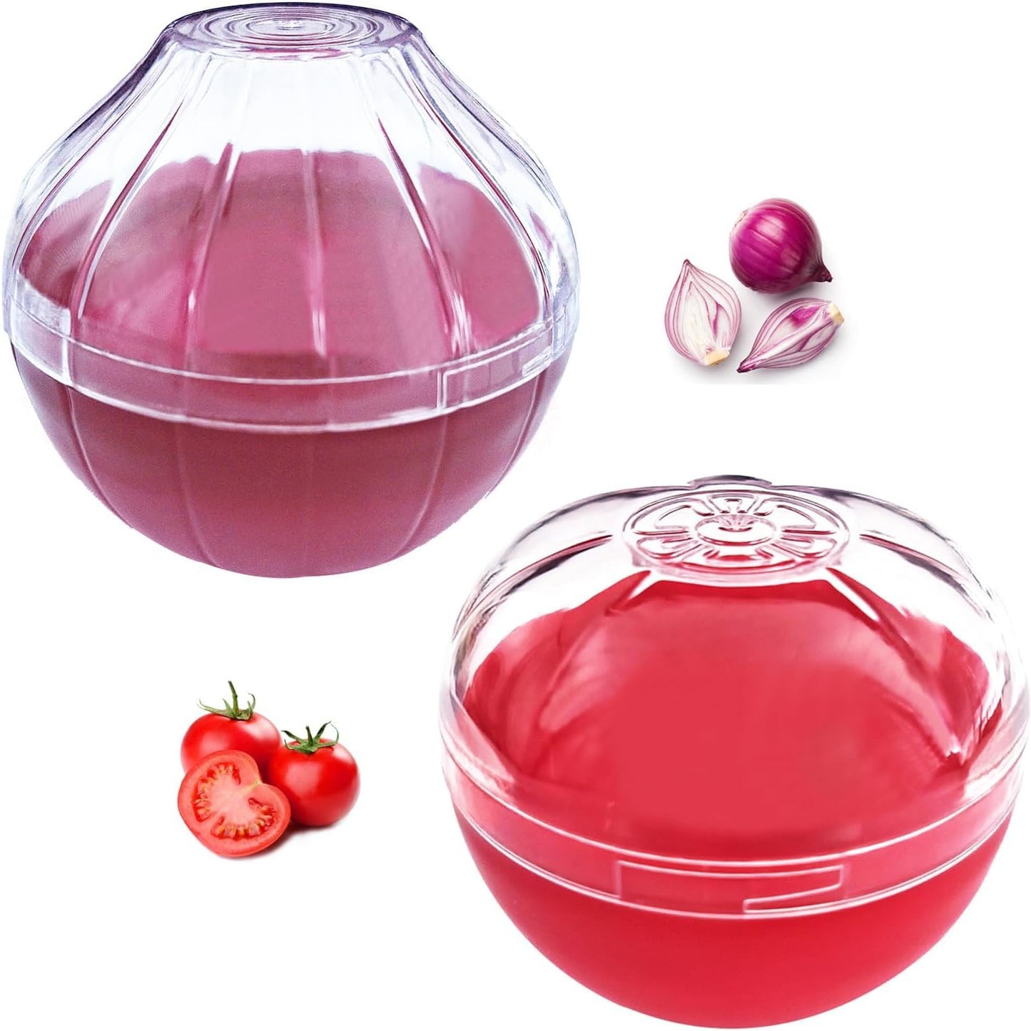 Onion Tomato Keeper for Refrigerator, Reusable, Dishwasher-safe | 2 Pack Food-shape Storage Saver Container for Leftover Vegetables, Clear Lid Easy Clean