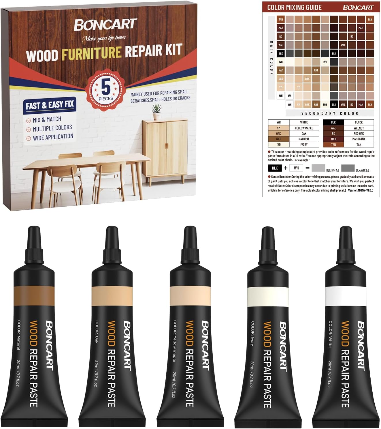 Boncart Wood Furniture Repair Kit, Wood Touch up Fillers | Repair Scratches, Cracks, Paint Chips, and Nail Holes on Furniture, Floors, Doors, Cabinets, and Tables (10 Colors)