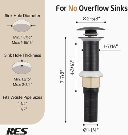 KES All Metal Bathroom Sink Drain with Strainer Basket Hair Catcher Anti Clog Pop Up Drain Stopper for Lavatory Vanity Vessel Sink with Overflow, Rustproof 18/8 Stainless Steel Matte Black S2013A-BK