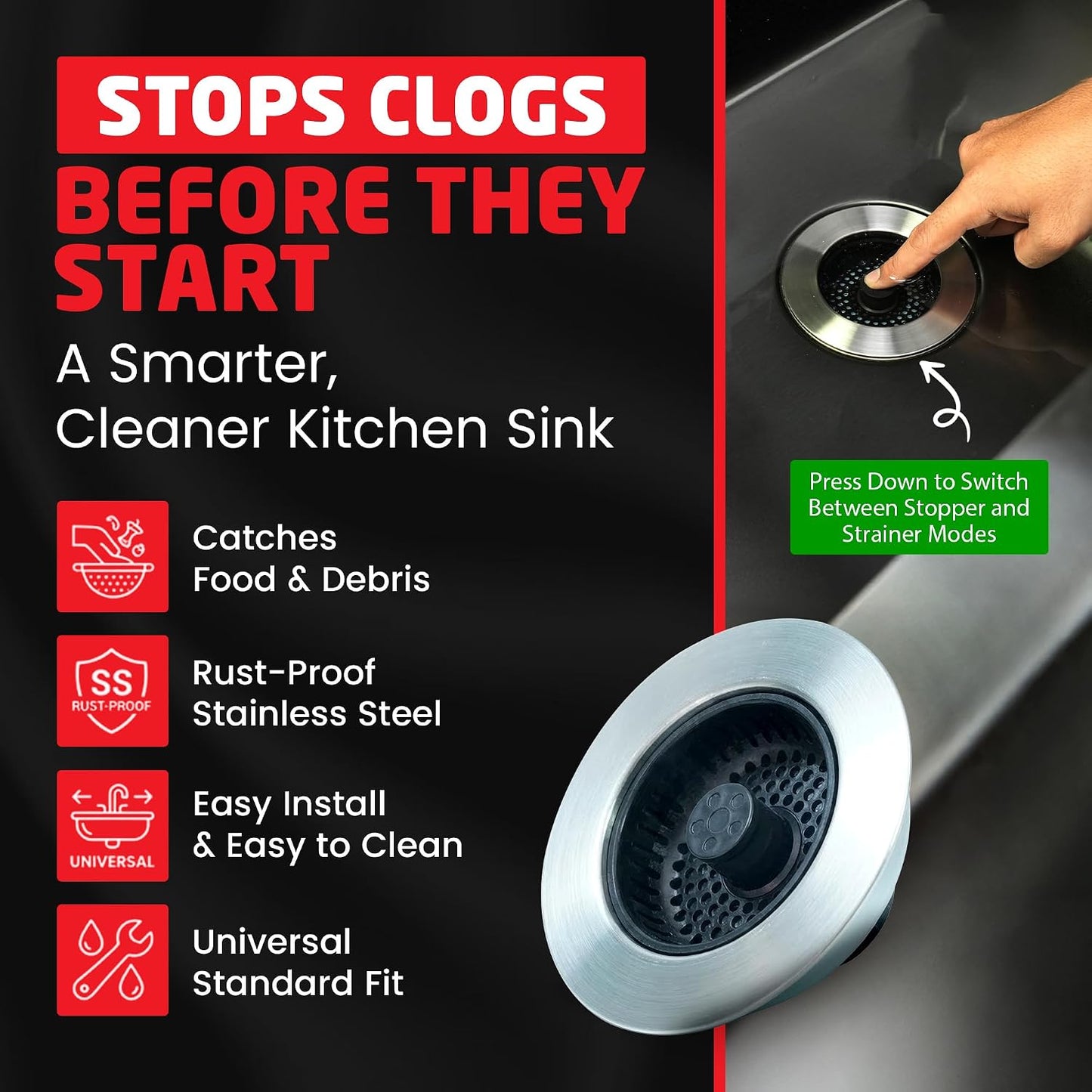 Kitchen SinkShroom Revolutionary Clog-Free Stainless Steel Sink Strainer, Black, 1-(Pack)