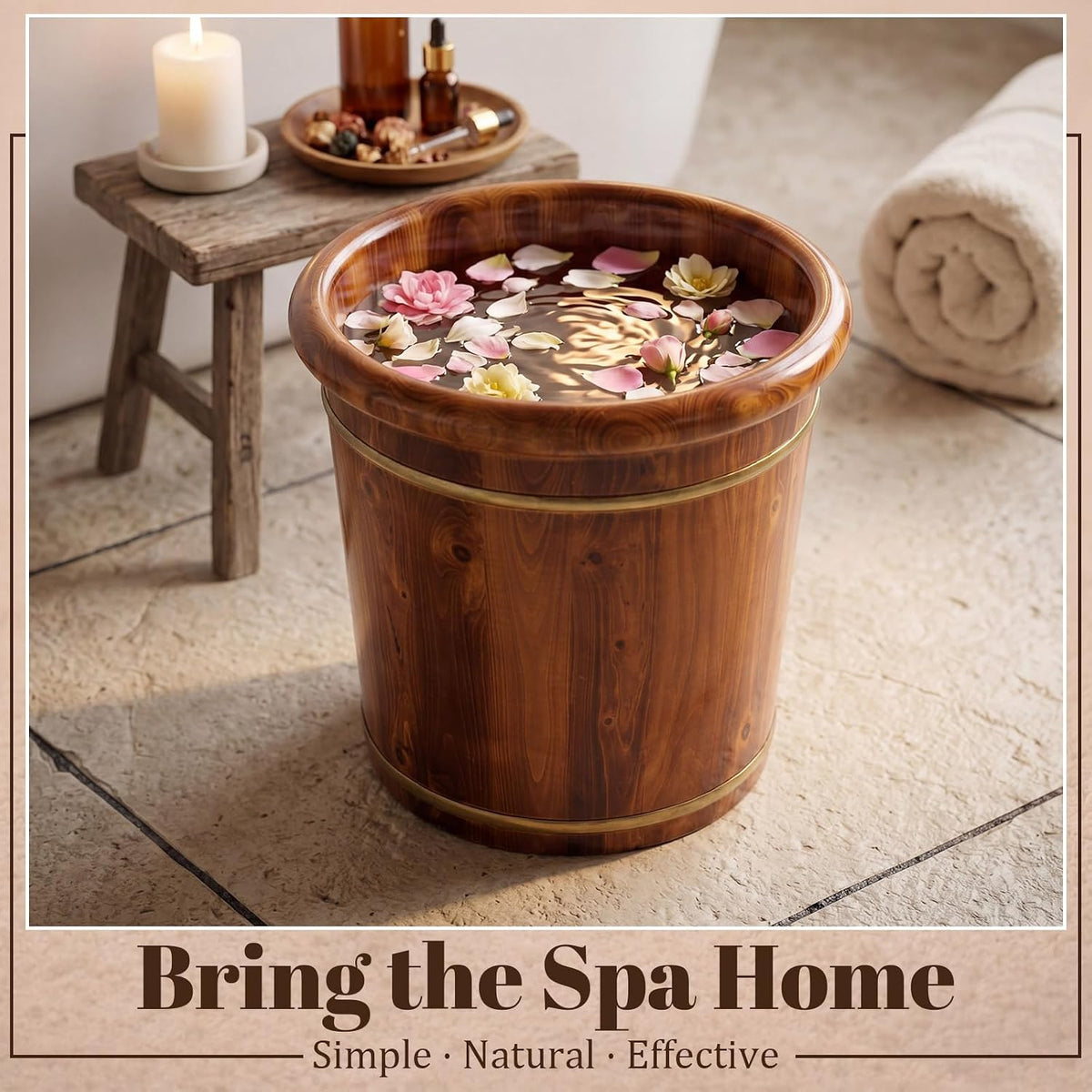 Geelin 15.75" Wooden Foot Bath Bucket with Lid & Massage Roller, Thick Insulated Spa Foot Soak for Relaxation, Massage Soles, Circulation, Elderly & Athletes, Home & Family Use