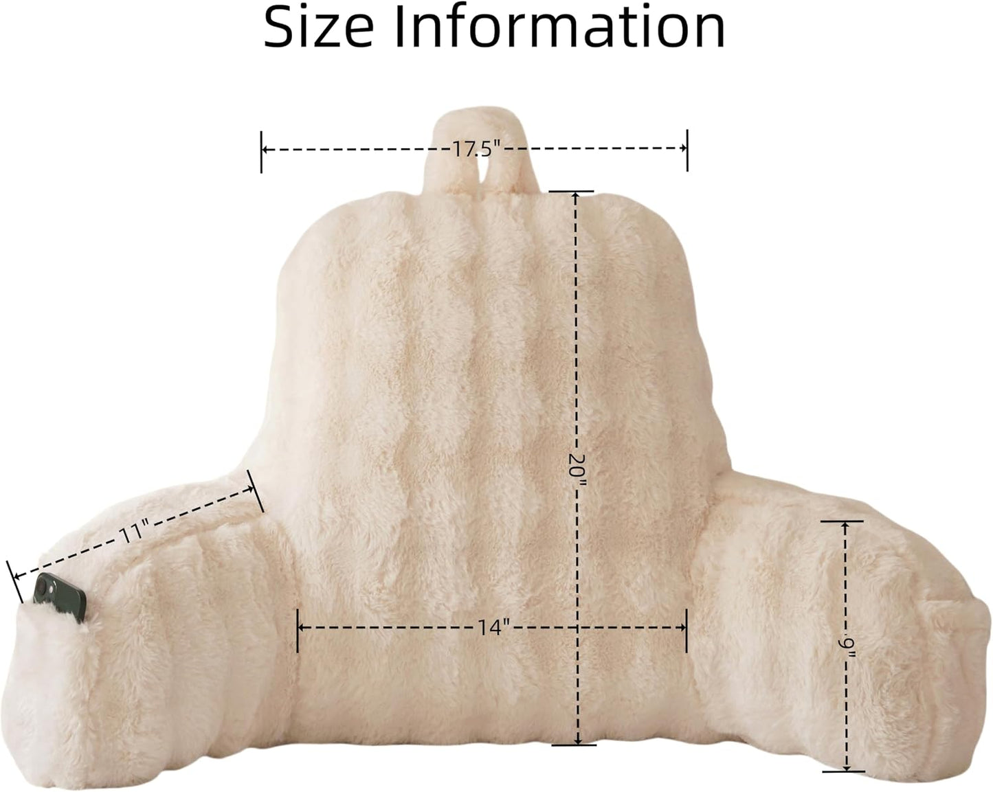 Faux Fur Reading Pillow for Sitting in Bed, Large Backrest Bed Pillow with Arms, Back Support Pillow for Lounging Bedrest, Beige