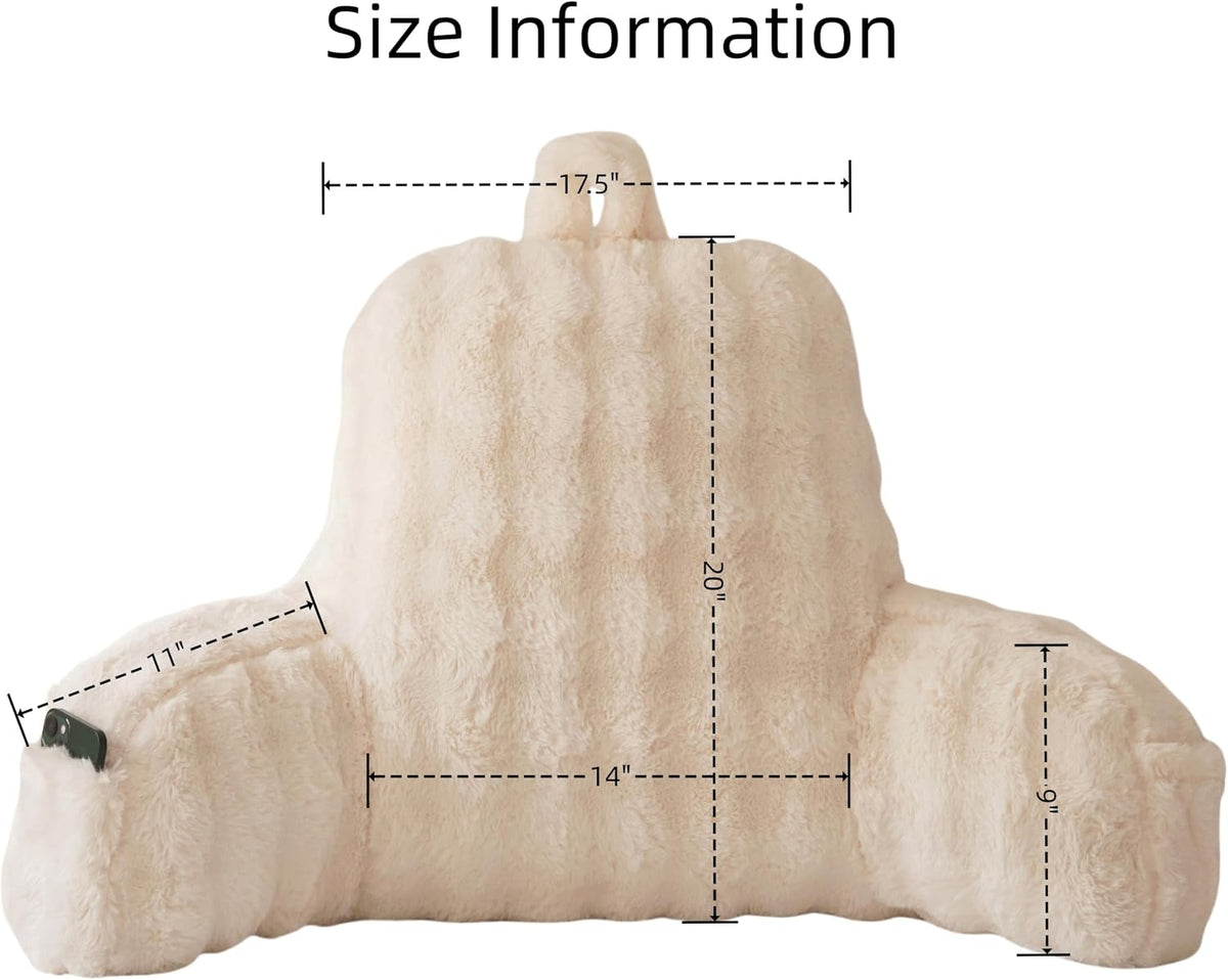 Faux Fur Reading Pillow for Sitting in Bed, Large Backrest Bed Pillow with Arms, Back Support Pillow for Lounging Bedrest, Beige
