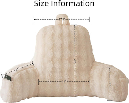 Faux Fur Reading Pillow for Sitting in Bed, Large Backrest Bed Pillow with Arms, Back Support Pillow for Lounging Bedrest, Beige