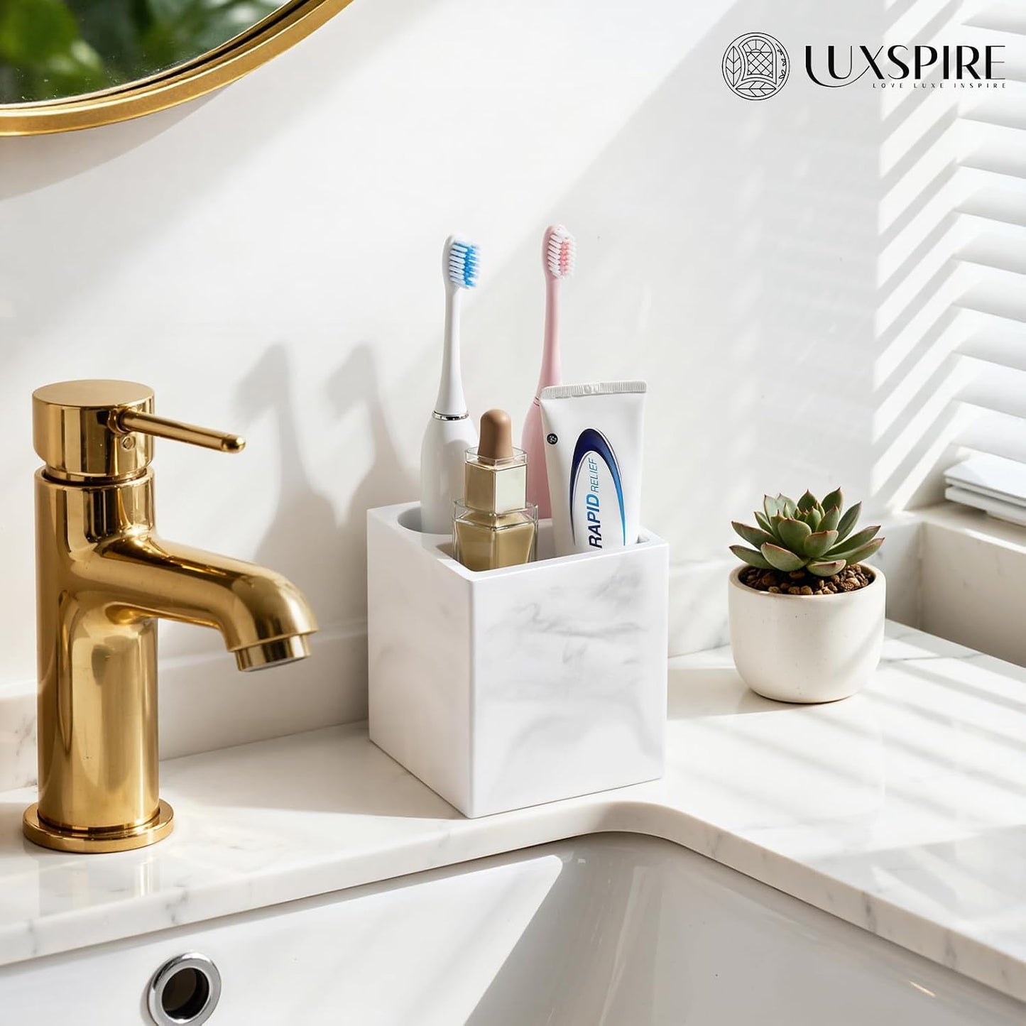Luxspire Diatomite Toothbrush Holder, 2 Slots, Marble White | Fast Drying, Diatomaceous Earth, Electric Tooth Brush and Toothpaste Organizer, For Bathroom Kitchen Vanity Countertop
