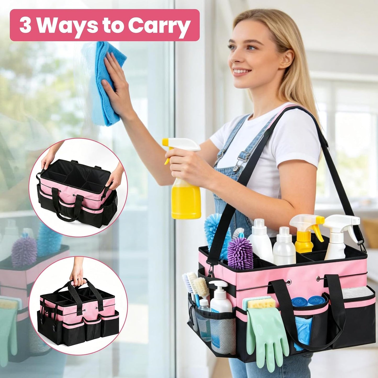 Wearable Large Cleaning Caddy Bag with Dividers, Household Cleaning Caddy for Cleaning Supplies Organizer Car Wash, Cleaner Tote Detailing Bag with Shoulder Strap and Handles for Housekeeper Storage