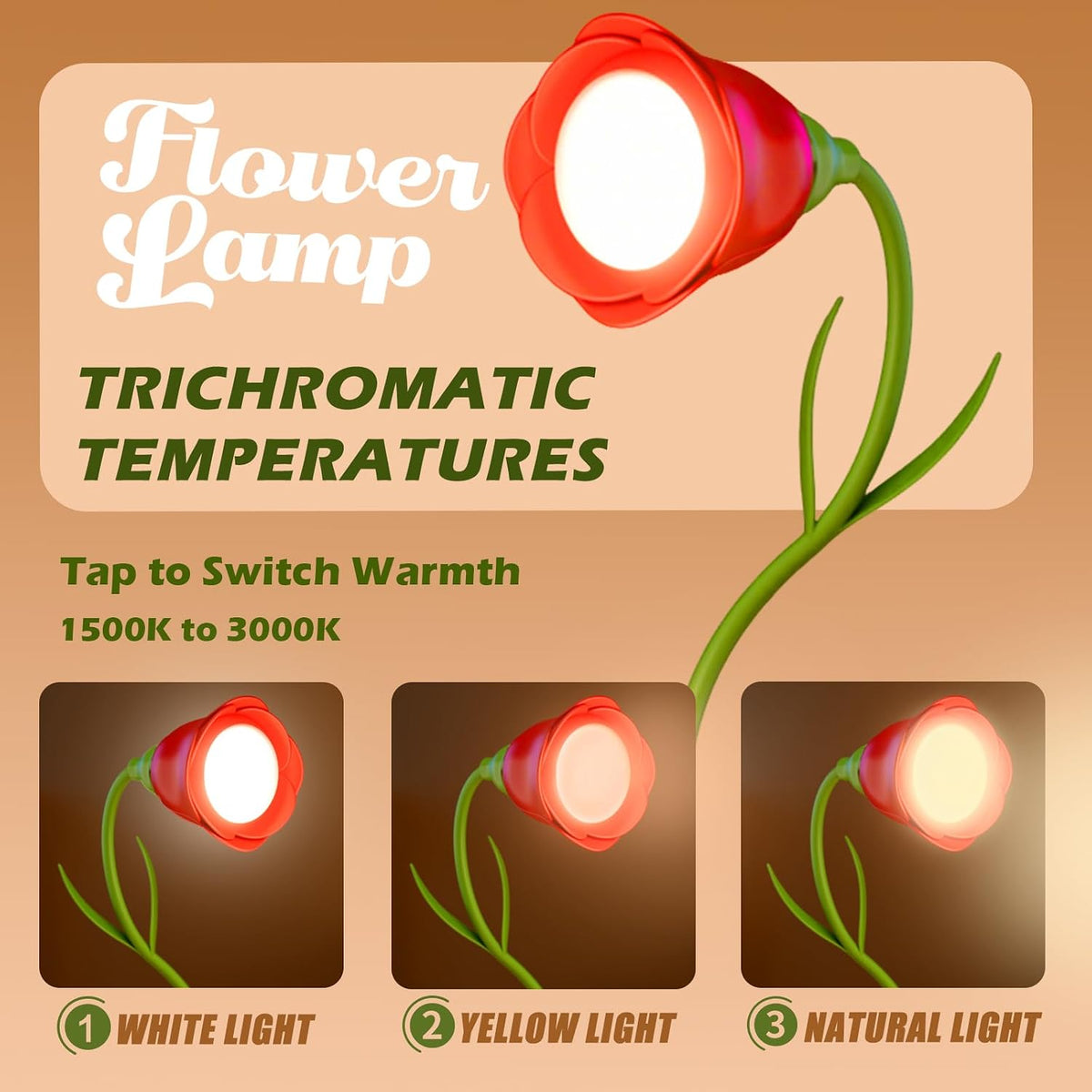 Rose Flower Lamp Rechargeable Reading Light for Bed,3-Color Modes Adjustable Brightness Small Night Light Neck Reading Light,Festival Gifts for Kids Mom Girlfriend Grandma(Orange-red)