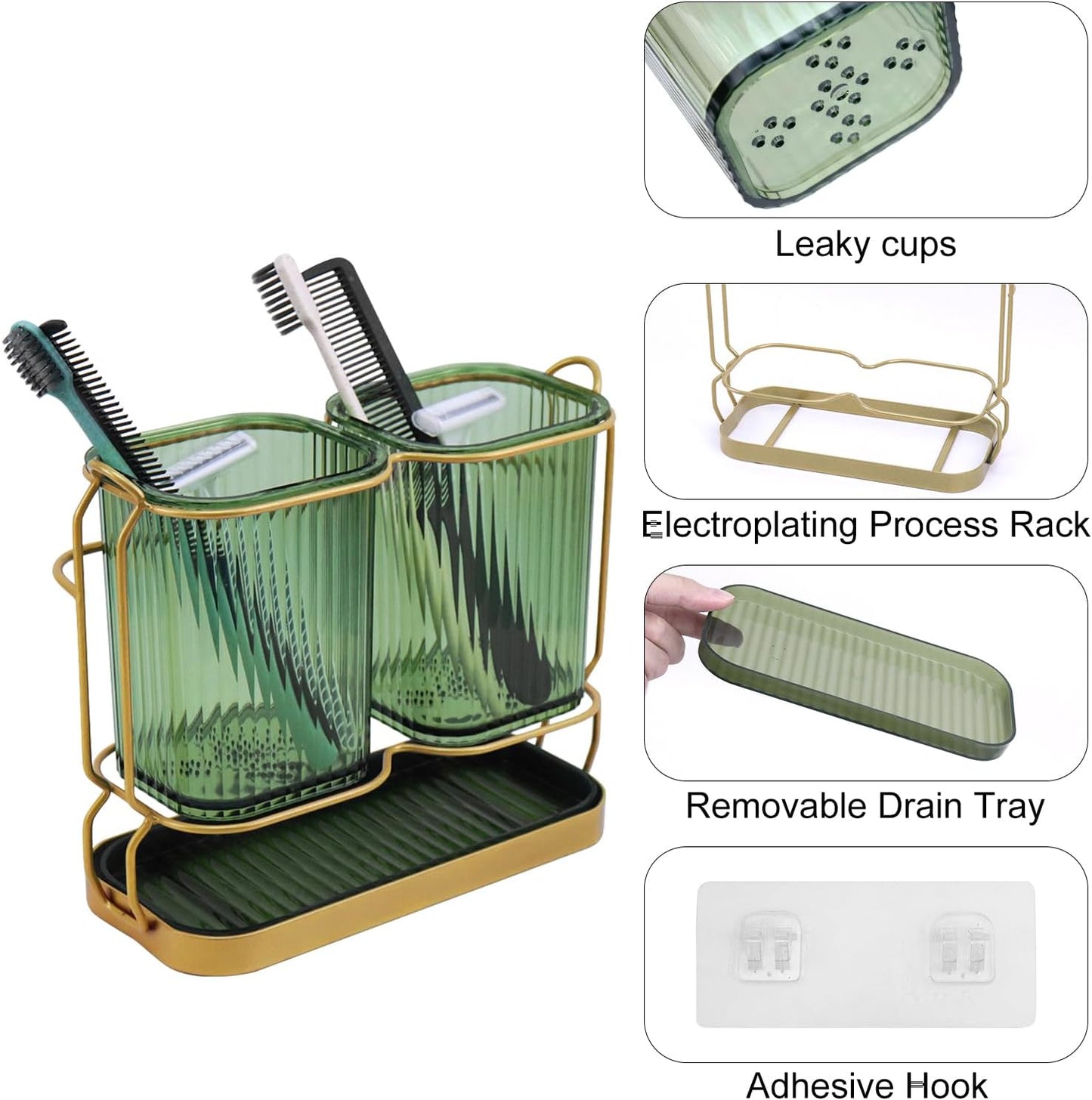 Green Toothbrush Holders for Bathrooms, Toothbrush Holders with Drain Tray | 2 Cups Tooth Brushing Holder, Bathroom Organizers and Storage Caddy Countertop for Toothpaste, Razors, Toothbrush