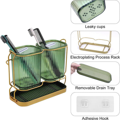 Green Toothbrush Holders for Bathrooms, Toothbrush Holders with Drain Tray | 2 Cups Tooth Brushing Holder, Bathroom Organizers and Storage Caddy Countertop for Toothpaste, Razors, Toothbrush