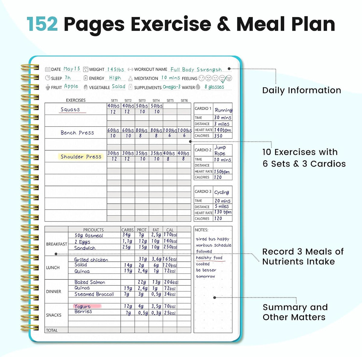 Fitness & Food Journal for Women, Undated 150-day Workout & Wellness Planner with Measuring Tape, Pink Weight Loss Journal for Setting Goals Tracking Exercise Training Diet Progress (9.5’’*7’’)