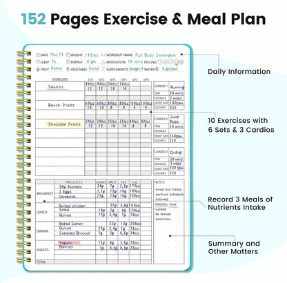 Fitness & Food Journal for Women, Undated 150-day Workout & Wellness Planner with Measuring Tape, Pink Weight Loss Journal for Setting Goals Tracking Exercise Training Diet Progress (9.5’’*7’’)