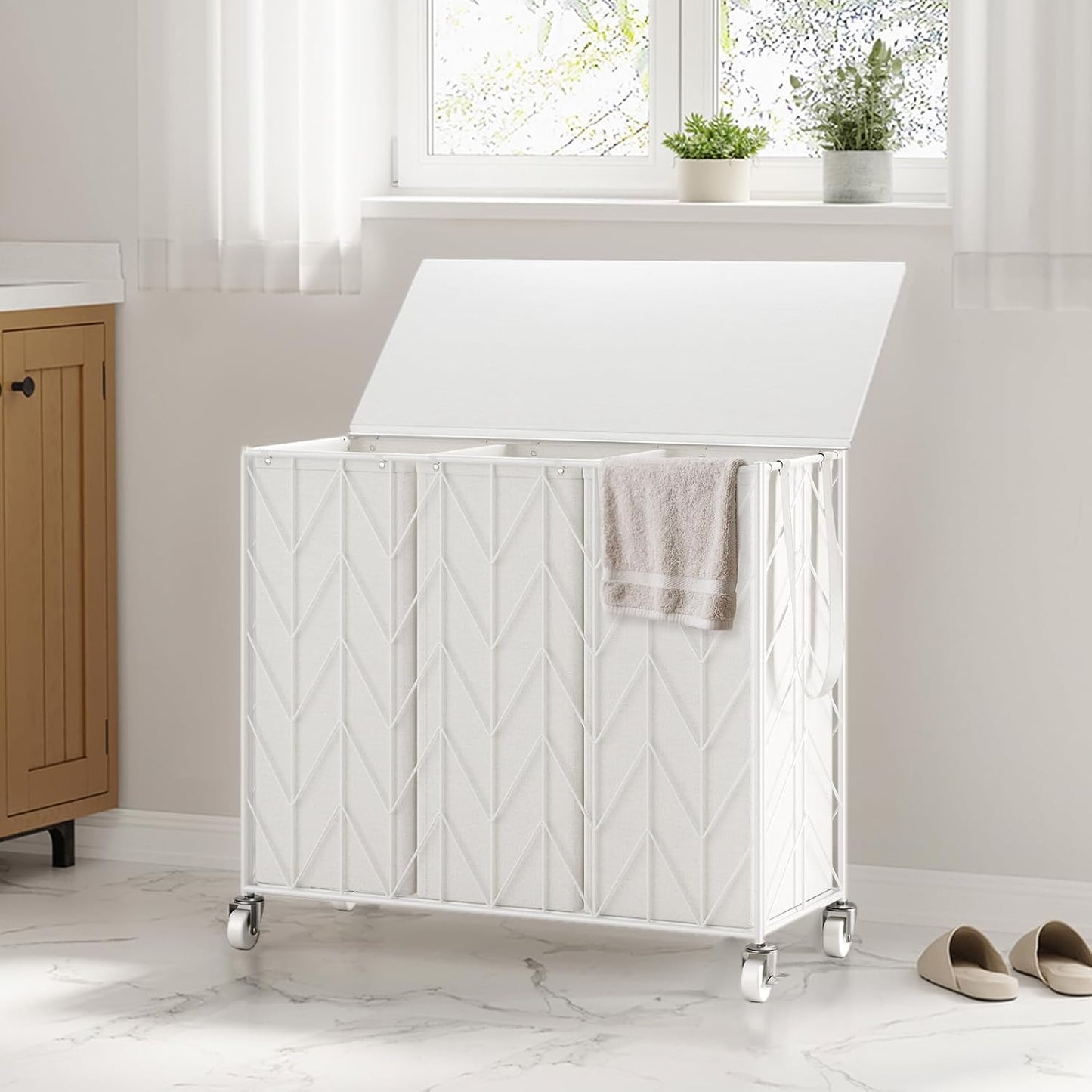 WOWLIVE Laundry Hamper 3 Section with Lid, 142L Laundry Basket with Wheels | Rolling Dirty Clothes Hamper with Removable Bags, Large Iron-Made Laundry Basket Organizer Laundry Sorter for Dorm, Beige