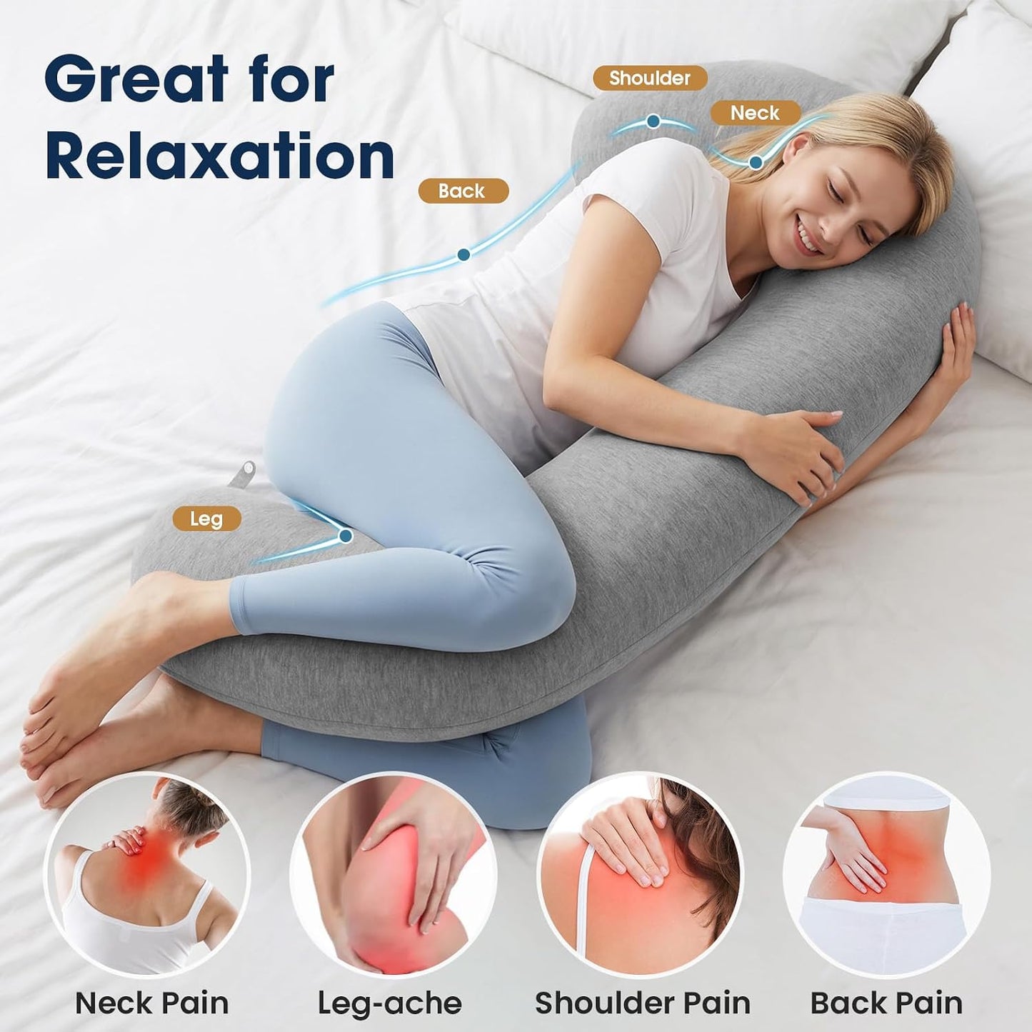 TranquilRelax C Shaped Body Pillow for Side Sleepers, Memory Foam Long Pillow for Leg, Hip & Back Support, Soft Washable Cover,Grey-47"*10"