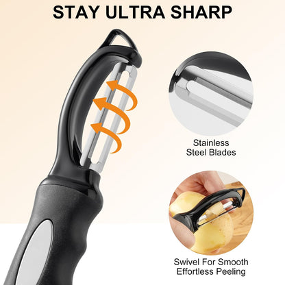 Premium Swivel Vegetable Peeler, Soft Grip Handle and Ultra Sharp Stainless Steel Blades - Perfect Kitchen Peeler For Veggie, Fruit, Potato, Carrot, Apple - Black - Set of 2