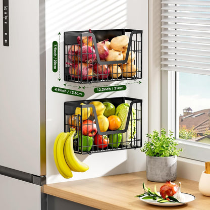Magnetic Shelf for Fridge, Fruit Basket Magnet Shelves with 2 Hooks | Potato and Onion Storage Bins, Black Magnetic Organizer Side of Fridge Storage, Magnetic Spice Rack for Refrigerator Kitchen