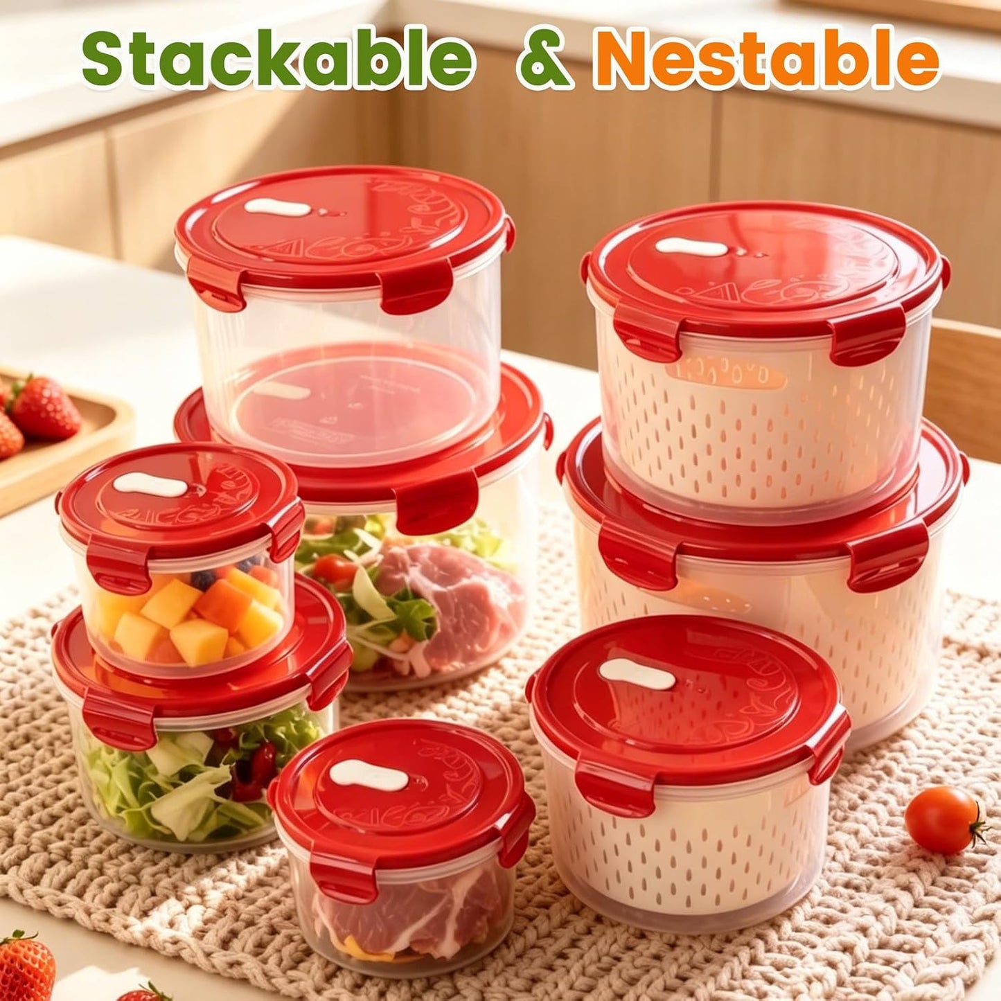 TBMax Fruit Storage Containers for Fridge Organizers and Storage, 4 Pack Large Produce Saver with Airtight Lid & Colander for Berry Lettuce Salad Vegetable Storage, Refrigerator Organizers
