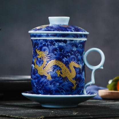 Porcelain Tea Cup with Infuser Lid and Saucer Sets - Chinese Jingdezhen Ceramics Coffee Mug Teacup Loose Leaf Tea Brewing System for Home Office