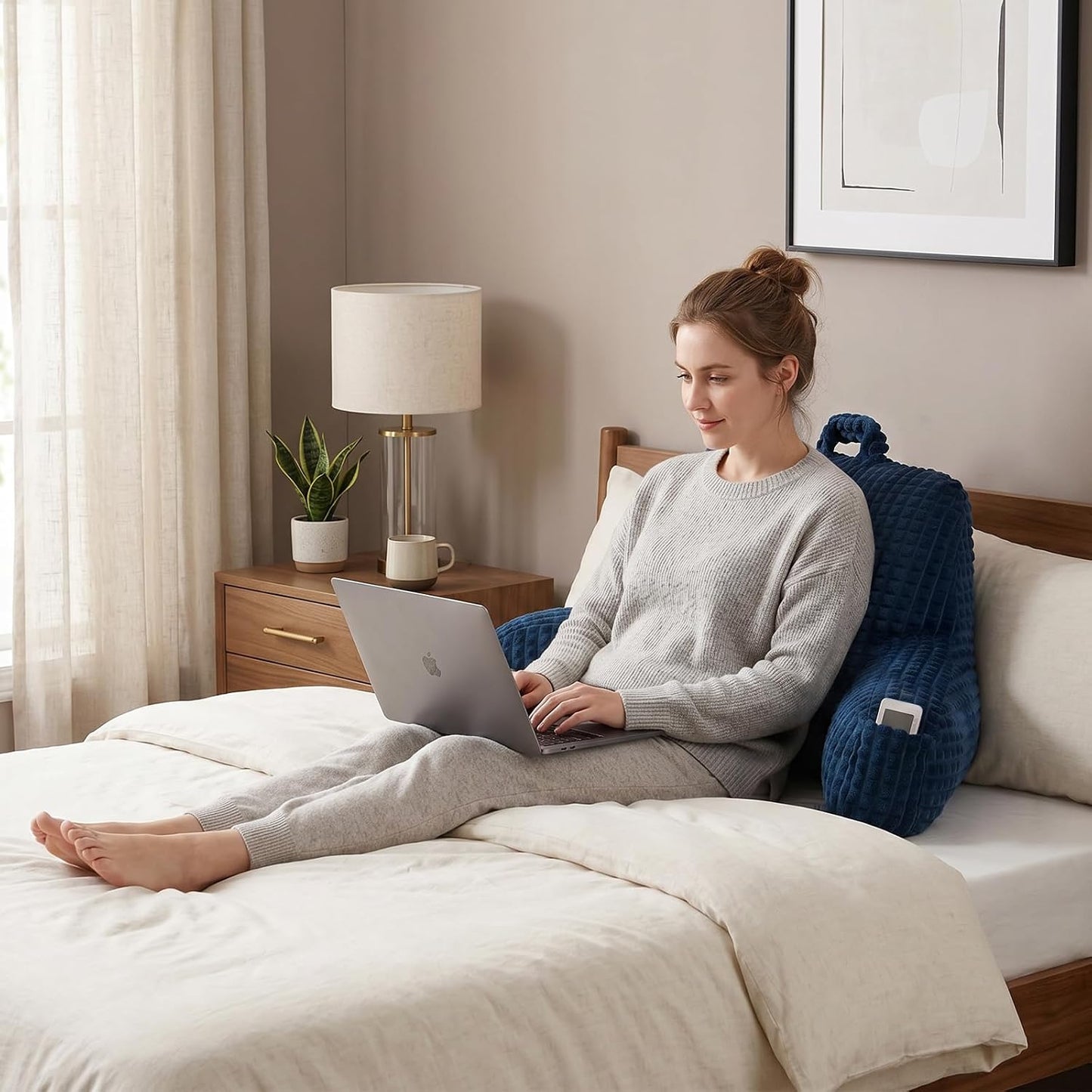 Reading Pillow with Arms for Sitting in Bed,Backrest,White Flannel,M | 17" Backrest Supports Back for College Students,Elbows & Forearms for Dorm Reading,Gaming,Watching TV