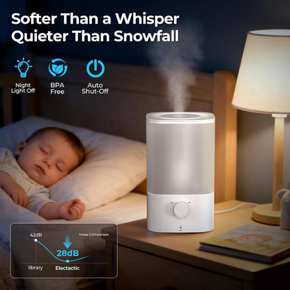 Cool Mist Humidifiers for Bedroom,3.2L Humidifiers for Baby Nursery＆Plants,7-Color Light,Oil Diffuser,Top Fill,360°Nozzle,Timer,24DB Quiet,BPA Free,Tap to Operate,White