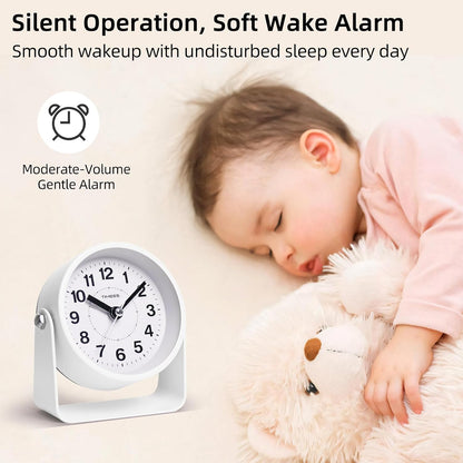 TIMESS Analog Alarm Clock with Snooze & Light, Silent Non-Ticking, White