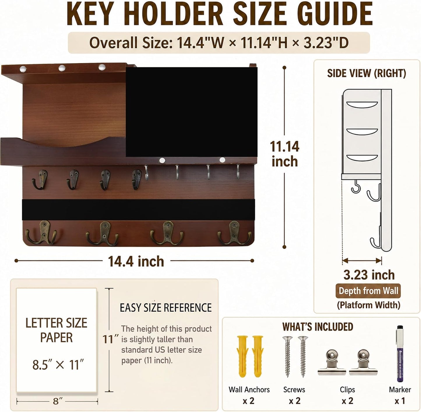 Key Holder for Wall Mount with Shelf and Mail Organizer, Key and Mail Holder with 16 Hooks, Farmhouse Entryway Organizer, Home Decor Rack (Pine Wood, White Washed)