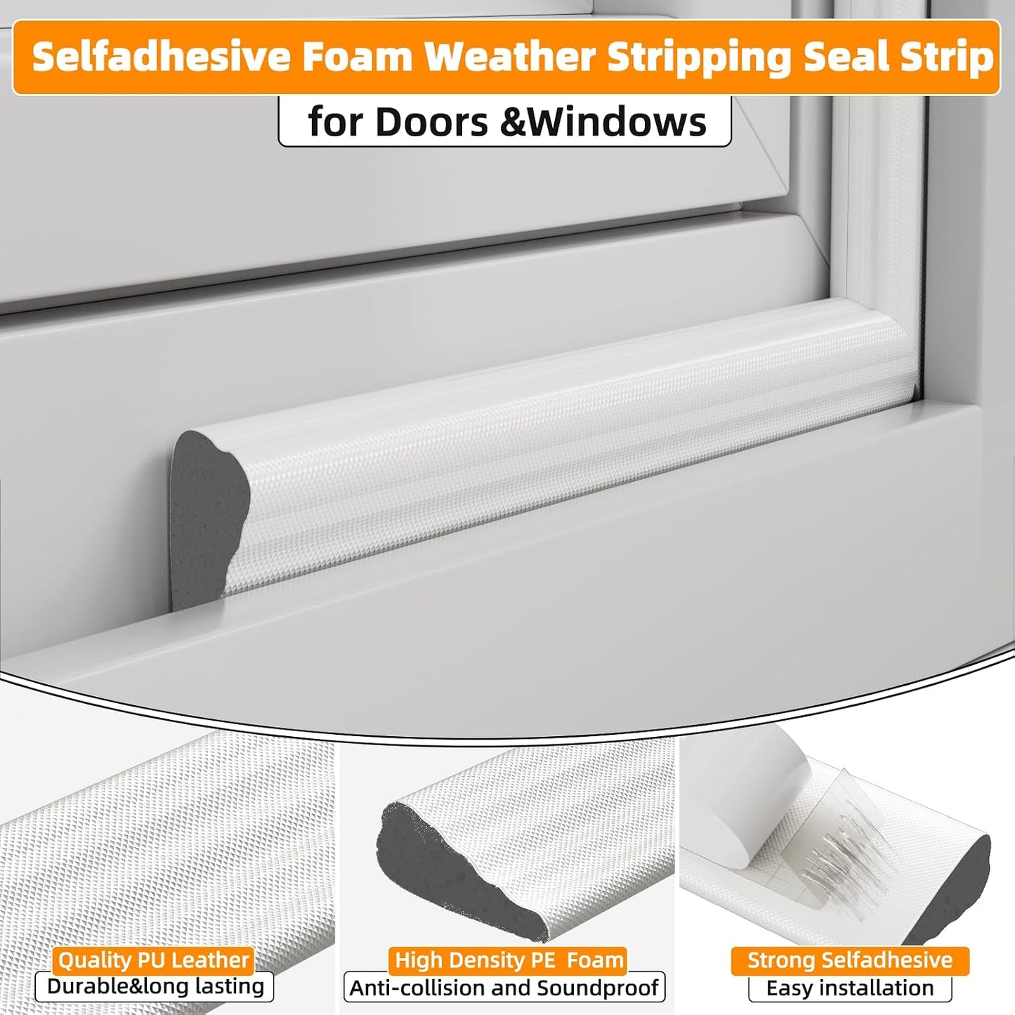 3 Pack*16.4 Ft Self-Adhesive Wedge Foam Window Weather Stripping Door Seal Strip, Soundproof Exterior Front Door Frame Gap Filler, Draft Stopper Foam Tape Noise Light Blocker (Black)