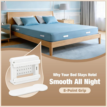HOUSE AGAIN Bed Sheet Holders for Corners, 8-Point Grip Locking Clips & Straps Keep Fitted Sheets Firm, Tight and Smooth, No More Loose Sheets, Easy One-Time Installation (White)