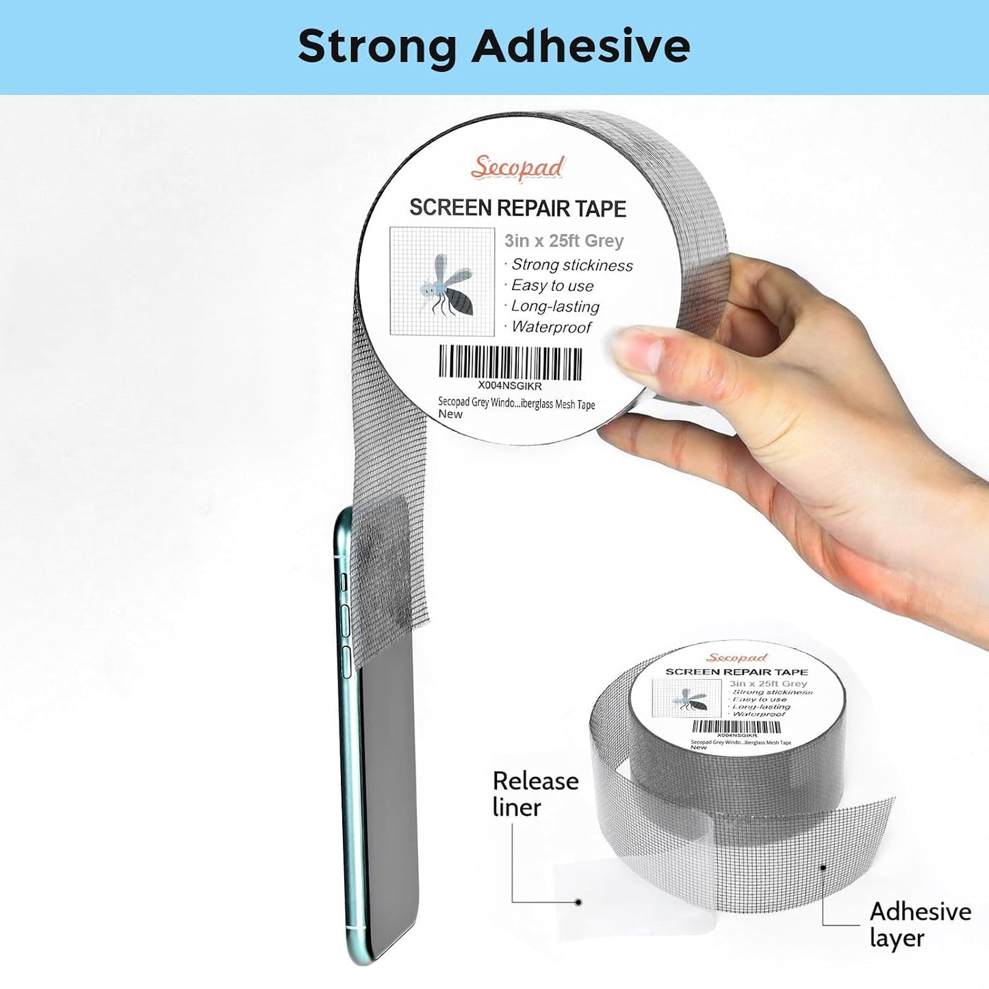 Secopad 2" x 180" (15FT) Screen Repair Tape, Screen Repair Kit, Black | Window Screen Patch, Quick Repair, Strong Adhesive, Easy to Use, For Mesh Window & Door, Cuttable Fiberglass, No Tools Needed