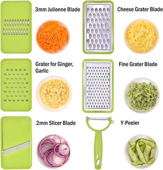 NACOLUS Cheese Grater with Container,5 In 1 Mandoline Slicer for Kitchen,Multi Purpose Vegetable Slicer, Easy to Clean Vegetable Chopper,Cheese Shredder,Julienne Slicer and Peeler | all-in-one vegetable slicer&cheese grater,with container or use
