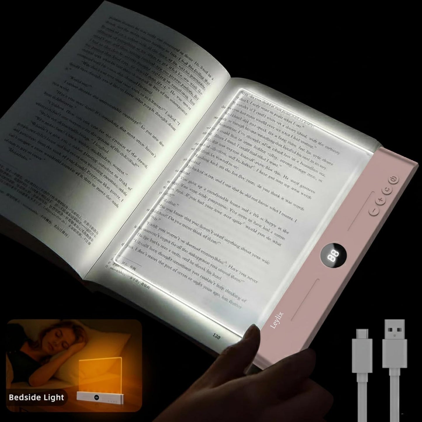 XL LED Flat Book Light for Reading at Night in Bed, Matte Pink | Eye-Caring Page Illuminator 3 Color Temperatures Stepless Dimmable USB Rechargeable, Portable Flat Panel Lamp with Soft