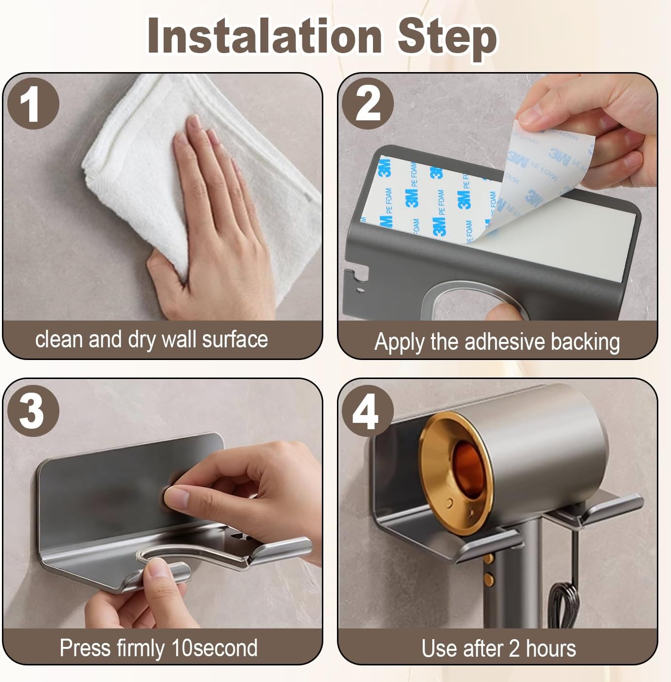 Universal Hair Dryer Holder Wall Mount, Blow Dryer Hanger with Plug Cord Organizer, No Drilling Self Adhesive for Bathroom Cabinet Door Vanity (1PCS, White)