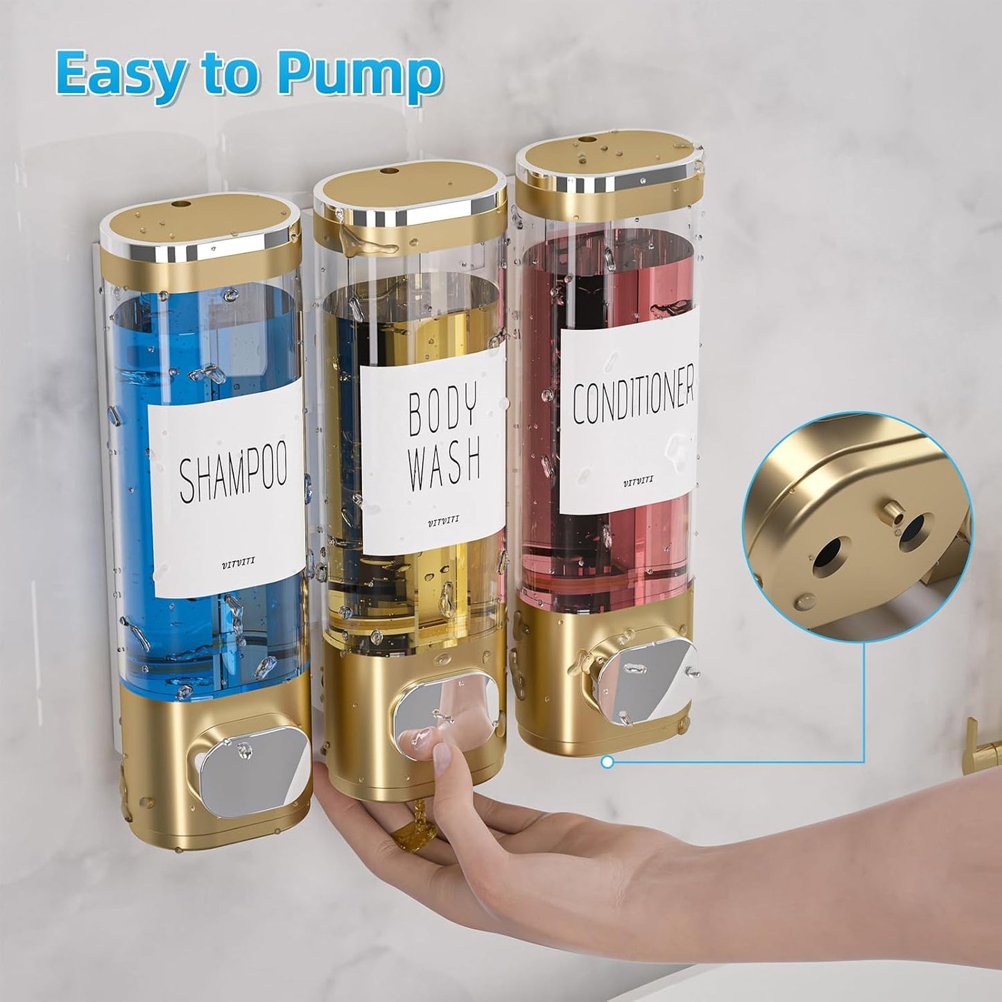 Shampoo and Conditioner Dispenser for Shower Wall Mount 3 Chamber, Black | Shower Soap Dispenser for Wall, 10.2 OZ Plastic Refillable Body Wash Bottles for Bathroom, No Drill Wall Mounted