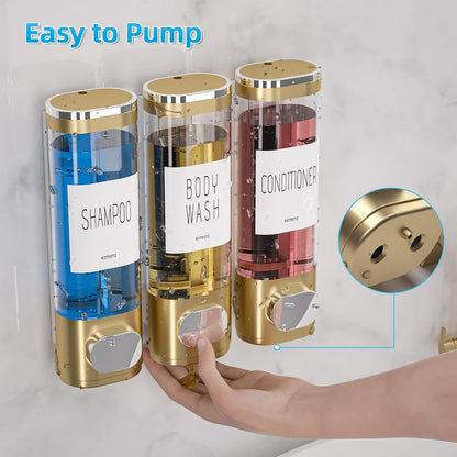 Shampoo and Conditioner Dispenser for Shower Wall Mount 3 Chamber, Black | Shower Soap Dispenser for Wall, 10.2 OZ Plastic Refillable Body Wash Bottles for Bathroom, No Drill Wall Mounted