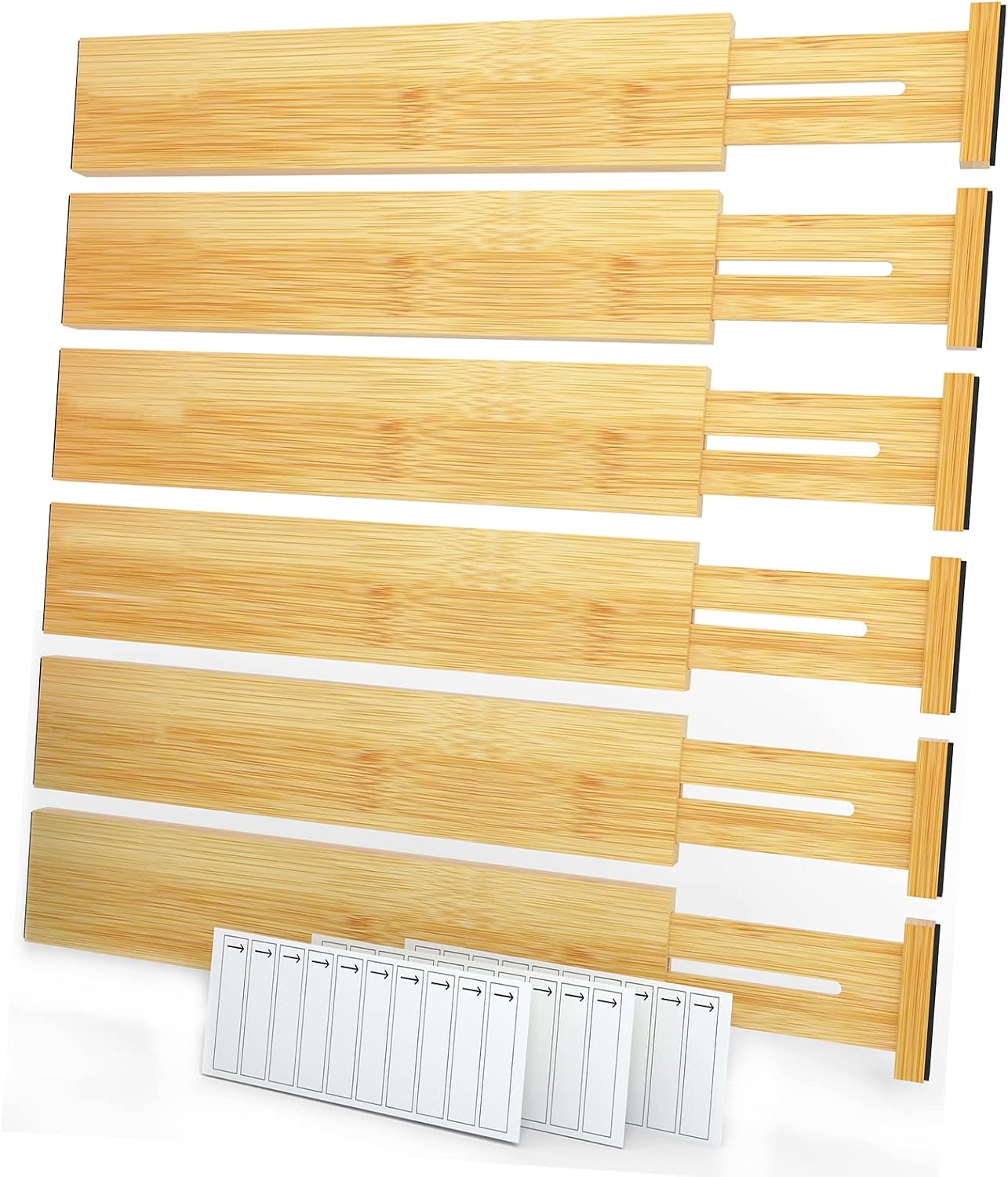 SpaceAid Bamboo Drawer Dividers with Labels, Kitchen Adjustable Drawer Organizers, Expandable Organization for Home, Office, Dressers and Bathroom, 6 Dividers (17-22 in)