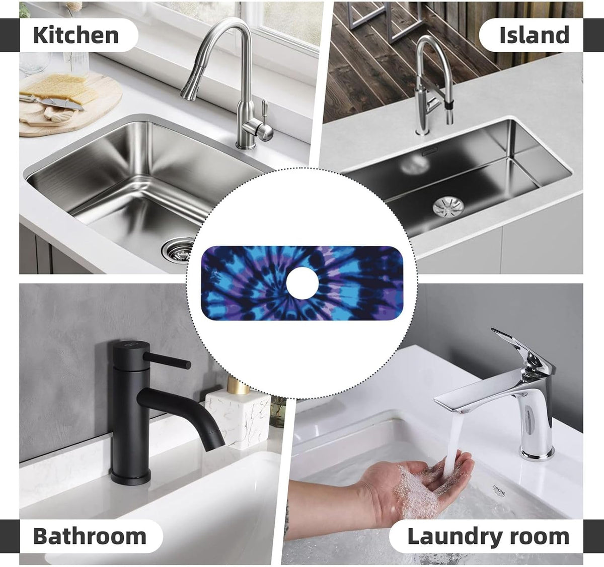 Aquamarine Blue Mexican Tiles Faucet Splash Guard Mat for Kitchen Sink 15x5.5" - Colors B