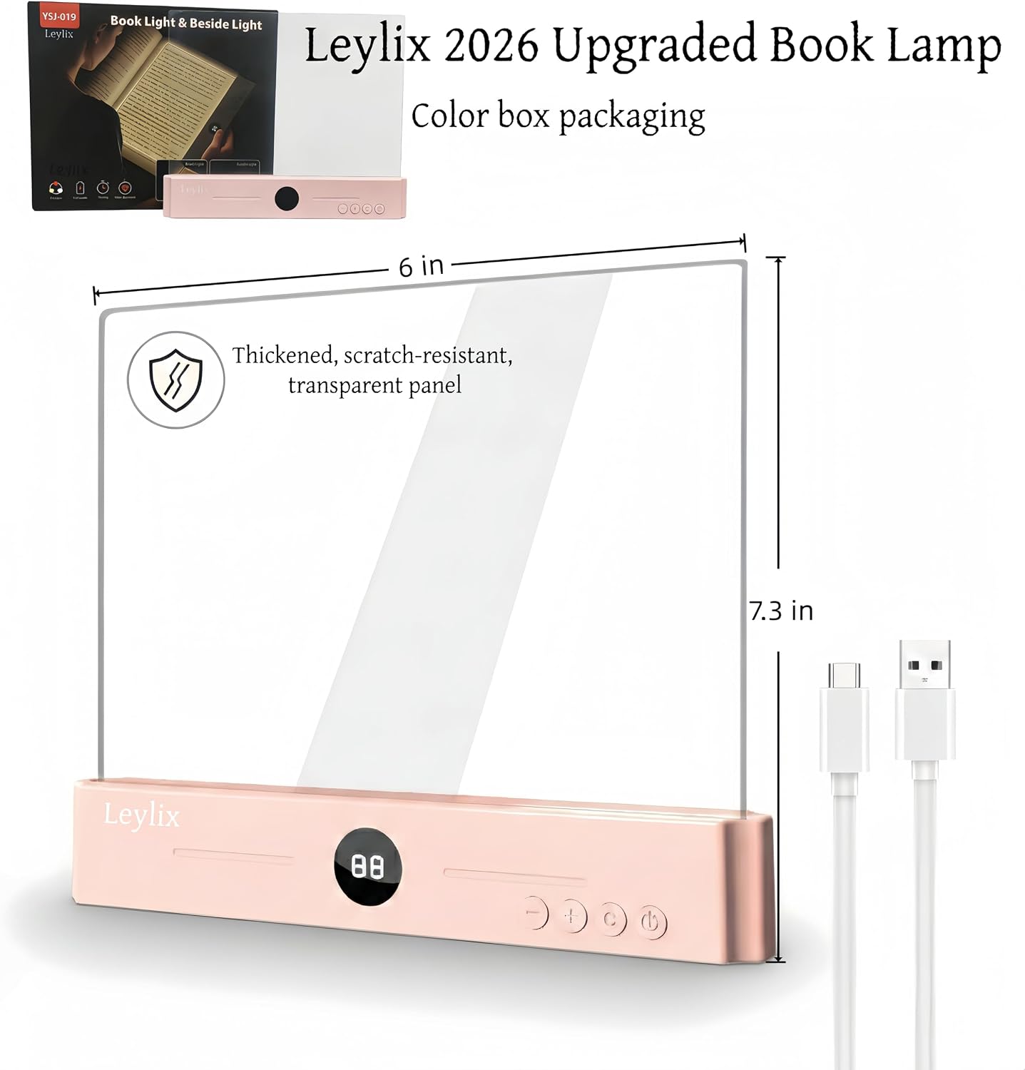 XL LED Flat Book Light for Reading at Night in Bed, Matte Pink | Eye-Caring Page Illuminator 3 Color Temperatures Stepless Dimmable USB Rechargeable, Portable Flat Panel Lamp with Soft