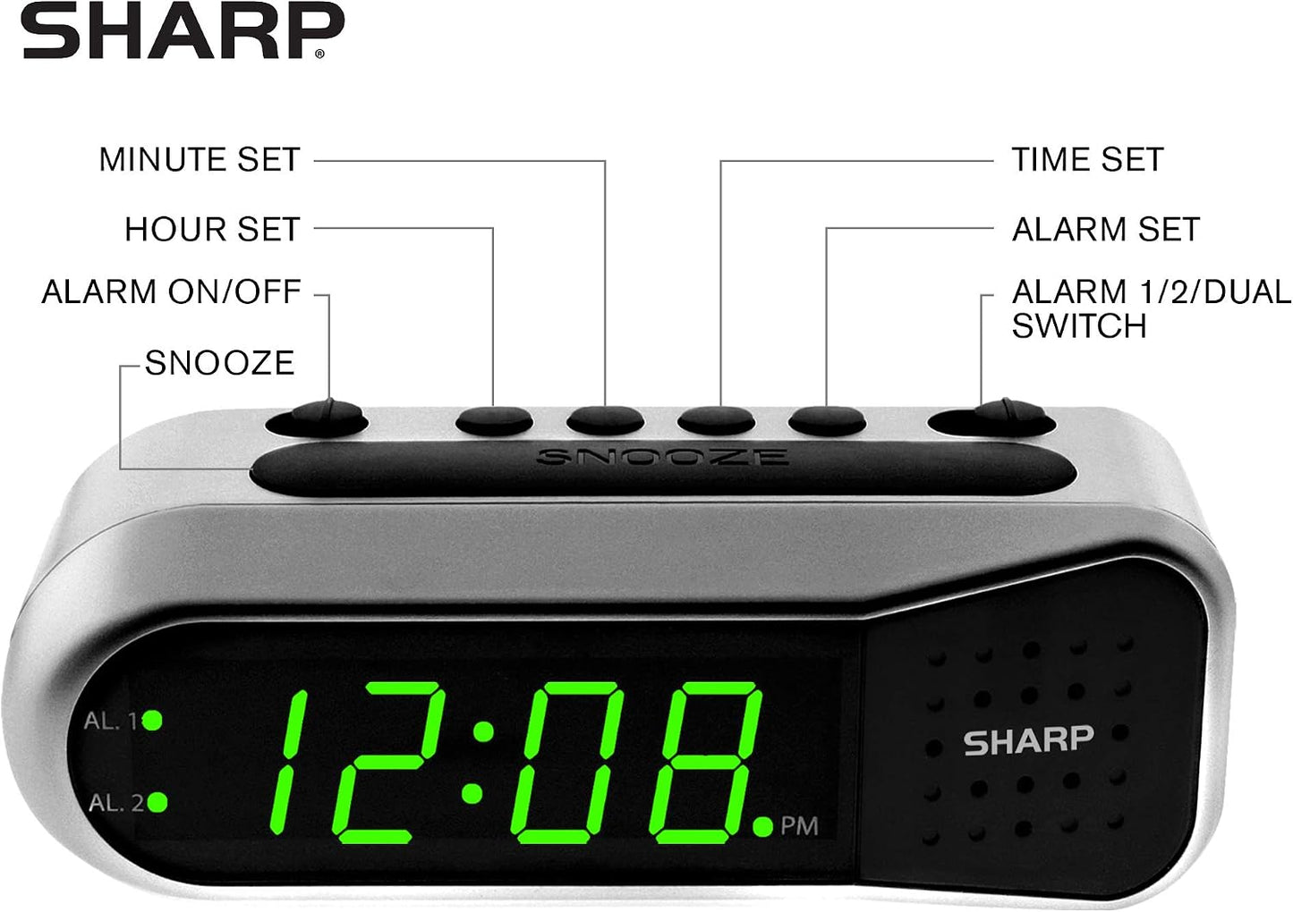 Sharp Digital Alarm Clock for Heavy Sleepers, Dual Alarm, Red LED, Black | Ascending wake sound, weekday/weekend scheduling, 9-minute snooze, easy-set controls, 2 AA backup, bedroom, dorm, office
