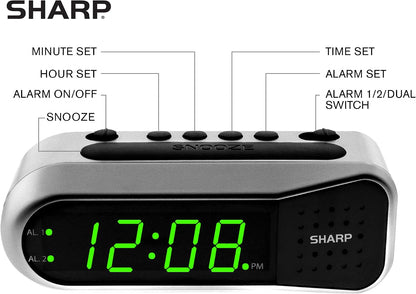 Sharp Digital Alarm Clock for Heavy Sleepers, Dual Alarm, Red LED, Black | Ascending wake sound, weekday/weekend scheduling, 9-minute snooze, easy-set controls, 2 AA backup, bedroom, dorm, office