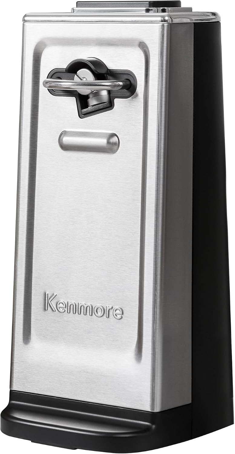 Kenmore Smooth Edge Electric Can Opener, Black & Stainless Steel | Side-cut blade opens regular and pop-top cans, handles extra-tall cans, and helps prevent sharp edges.