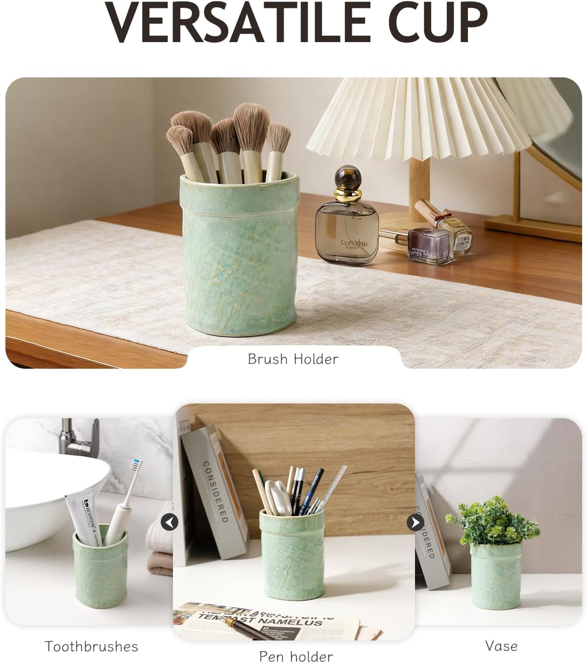 Toothbrush Holder, Tooth Brush Holder for Bathroom - Ceramic Toothbrush Cup White Toothbrush Holders Countertop, Makeup Brush Holder Pen Holder, 3.62" x 3.62" x 3.93", ANTIS'S HOME