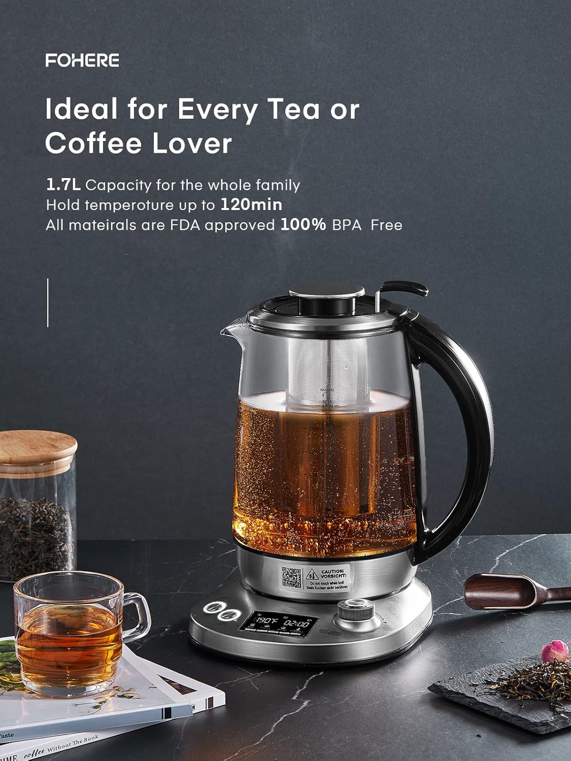 Electric Tea Kettle, 9 Temperature Control Presets Glass Kettle, 1200W Tea Pot with Removable Infuser, 2 Hours Keep Warm, 1.7 Liter Electric Kettles, Borosilicate Glass & Stainless Steel