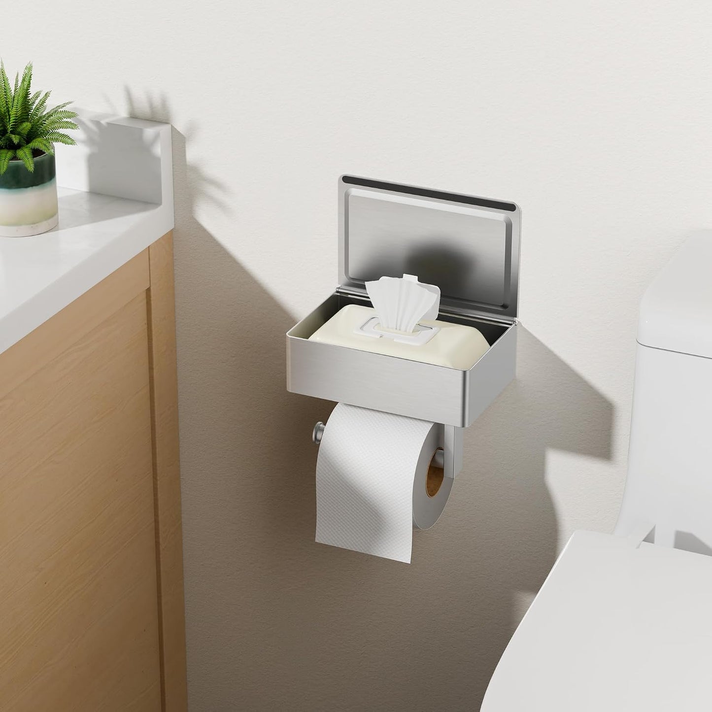 FORIOUS Toilet Paper Holder with Shelf, Wall-Mounted Modern Wipes Dispenser | Brushed Nickel | Toilet Paper Holder with Storage for Bathroom | Fits Wipes, Sanitary Napkin, Tampon | 8.0"x5.3" Large Shelf