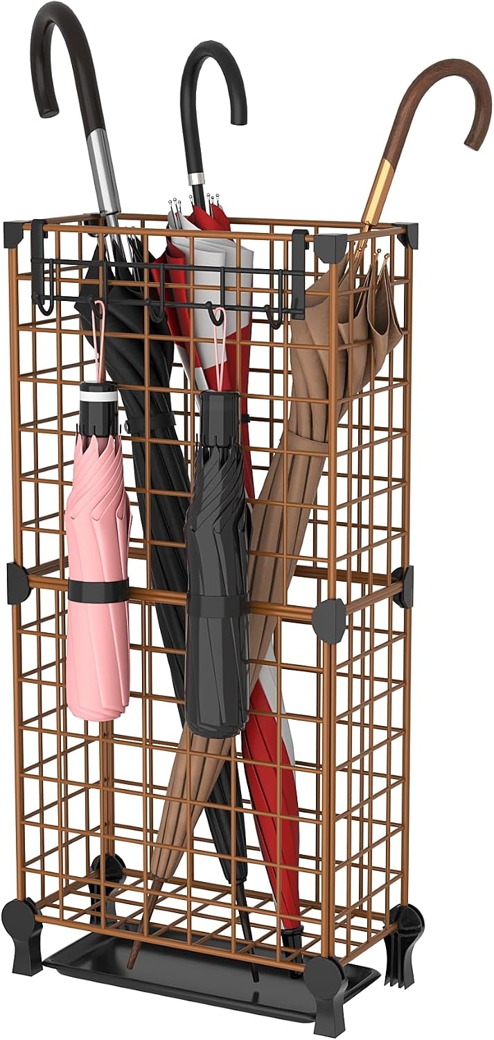 AWTATOS Umbrella Holder Entryway, Umbrella Stand Freestanding, Black | Metal Square Umbrella Rack Organizer with a Removable Drip Tray, Hooks