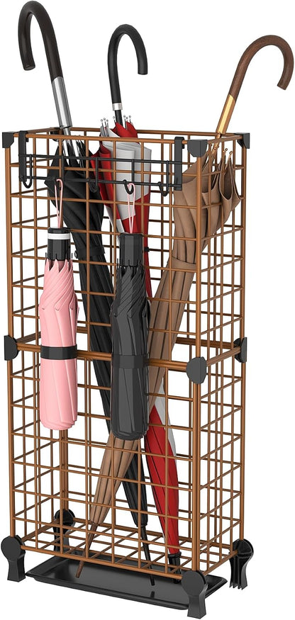 AWTATOS Umbrella Holder Entryway, Umbrella Stand Freestanding, Black | Metal Square Umbrella Rack Organizer with a Removable Drip Tray, Hooks
