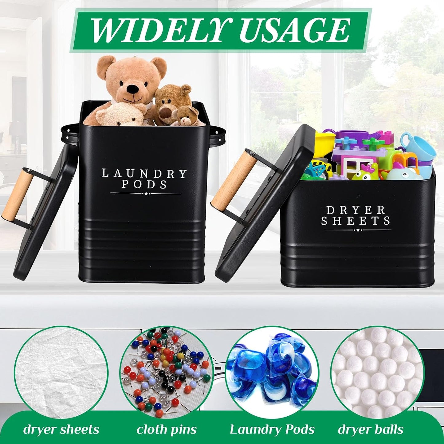 Yaocom 2 Pcs Laundry Pod Container with Dryer Sheet Holder Farmhouse Laundry Room Decor Organization and Storage Detergent Container Box with Lid Handle Metal Dryer Sheet Dispenser(Black)