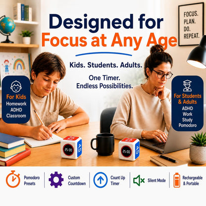 Visual Timer for Kids & Adults – Pomodoro Timer Cube with 5/10/25/45 Min Presets, Custom Visual Countdown & Count Up, Digital Classroom Timer for ADHD, Focus, Study, Work, Rechargeable