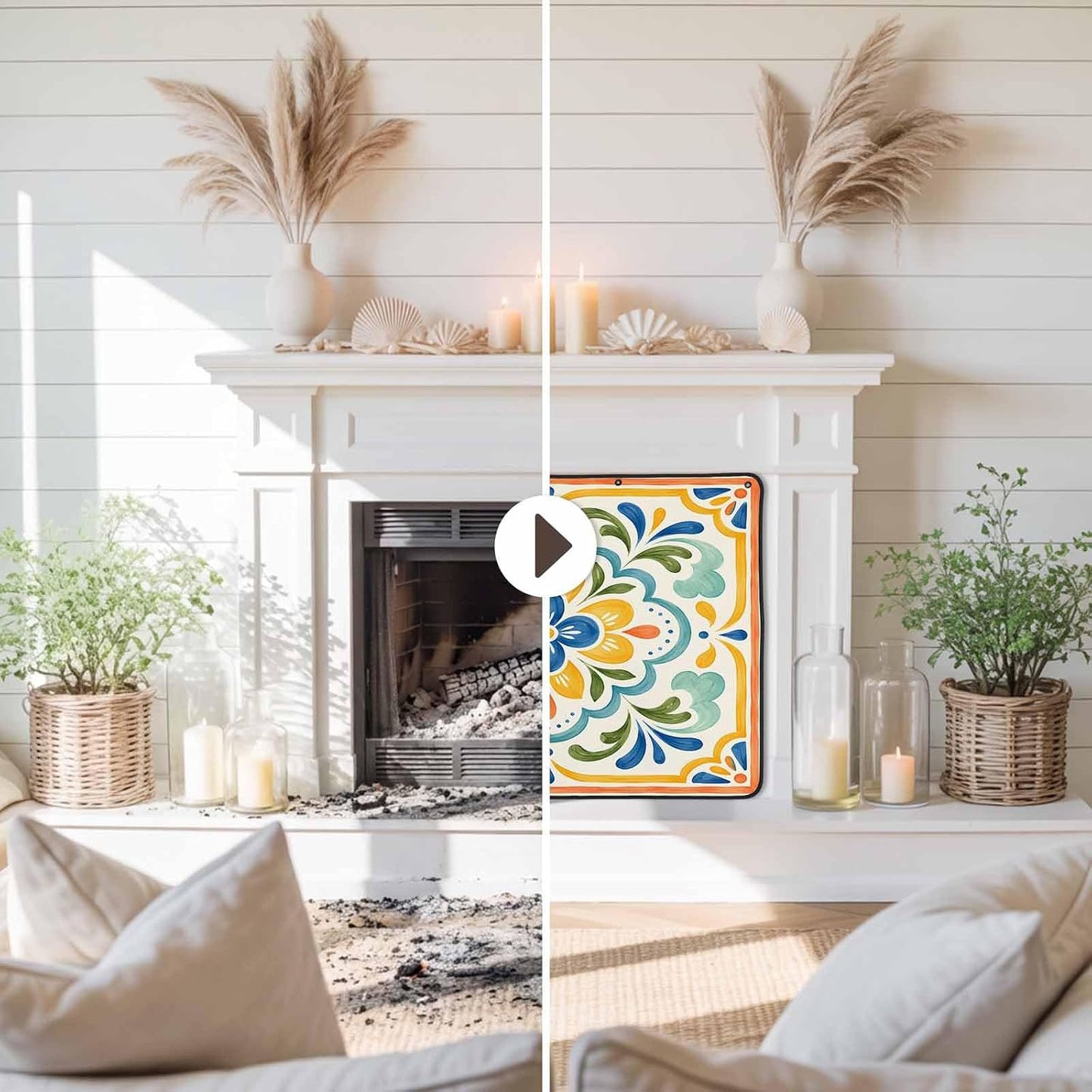 Magnetic Fireplace Cover Bird Branches Fireplace Screen Decorative Green Leaves Frame Insulation Fireplace Blocker Blanket Save Energy Fireplace Draft Stopper Covers for Living Room 45x34 Inch