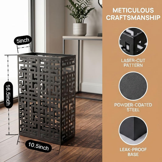 BEWBBAT Umbrella Stand Rack for Entryway, Hollow Metal Holder, FreeStanding Storage Bin for Long Umbrellas, Holds 6-7, Black